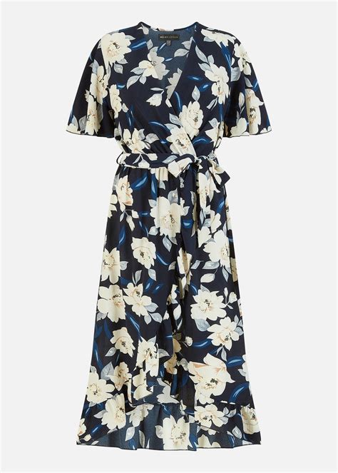 Mela Navy Floral Dip Hem Wrap Midi Dress Matalan