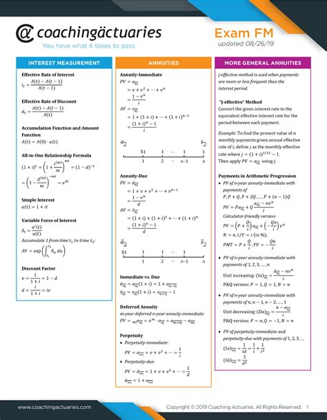 Fm formula sheet Préparation à lexamen FM de la SOA CAS