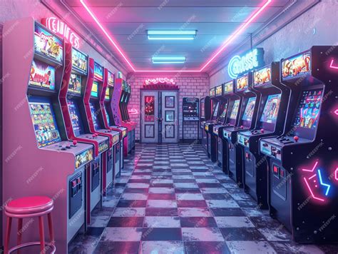 Premium Photo Retro Game Room With Vintage Arcade Machines And A Neon Signd Render