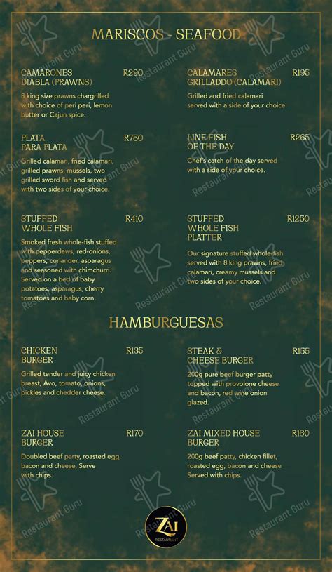 Menu At Zai Restaurant Durban Durban
