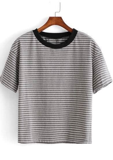 Grey Short Sleeve Striped Crop T Shirt Shein Sheinside