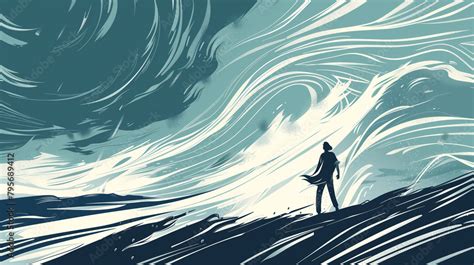 Vector Art Illustration Of A Lone Figure Walking Under A Stormy Sky