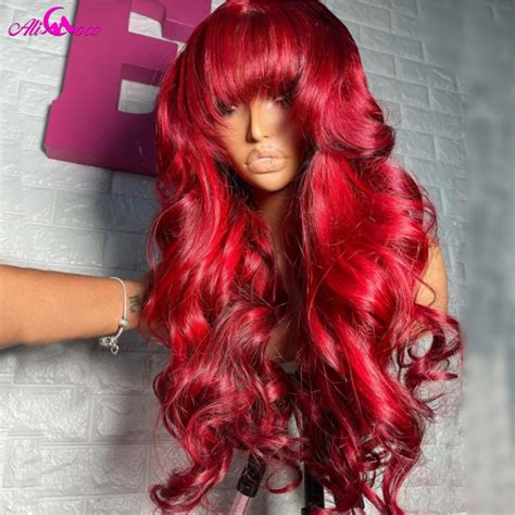 13x4 Red Human Hair Wig With Bangs Lace Front Wig For Women Body Wave