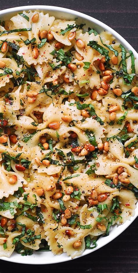 Parmesan Bow Tie Pasta With Pine Nuts Fresh Basil And Lemon Garlic