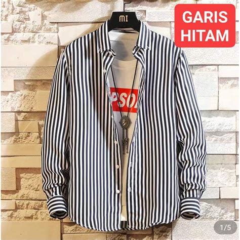 Jual Kemeja Pria Salur Garis Hitam Putih Ganjar Pranowo Lengan Panjang