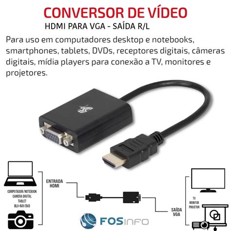 CABO ADAPTADOR CONVERSOR HDMI MACHO P VGA FEMEA C CABO AUD Soluções