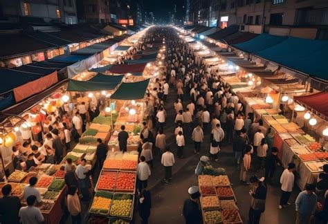 Premium Vector A Man Looking At Food Stalls In A Busy Night Market