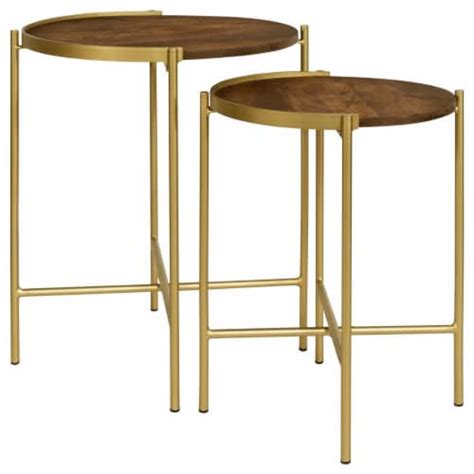 2 Piece Round Nesting Tables Gold Iron Modern Mango Wood Warm Brown Saltoro Sherpi