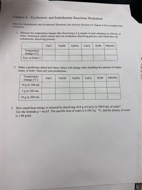 Endothermic And Exothermic Worksheet Tes