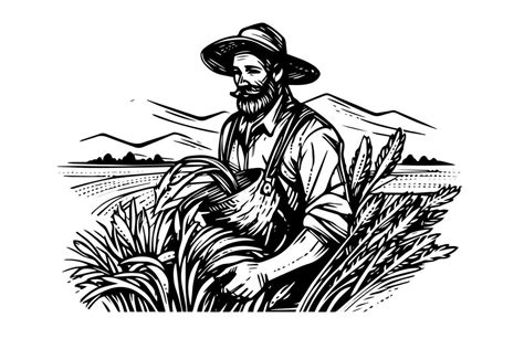 Happy Farmer In Hat Works On The Field Engraving Style Hand Drawn Ink