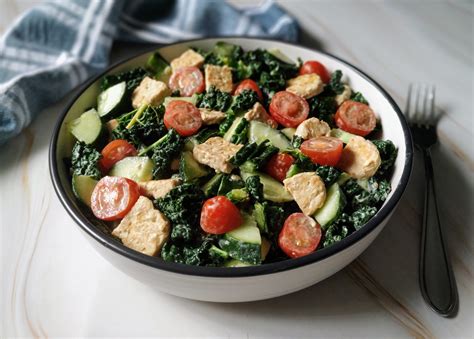 Tomato Cucumber Kale Tempeh Salad With Lemon Tahini Vegan Easy