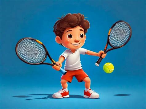 Niño de dibujos animados jugando al tenis aislado sobre un fondo azul