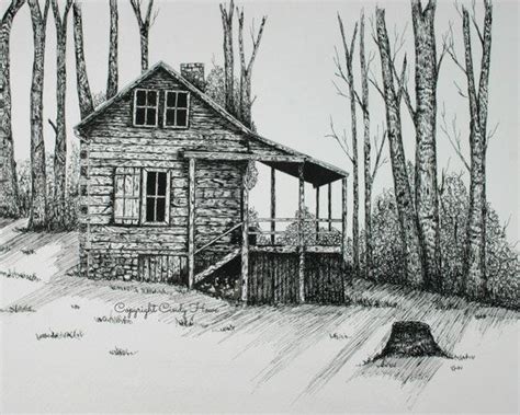 Log Cabin Print Country Cabin Landscape Mountain Cabin Pen And Ink