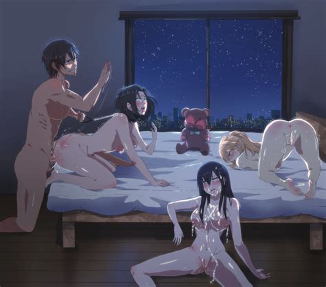 Rule 34 1boy 3girls Absurdres After Sex Aihara Mei Aihara Ume Aihara Yuzu Artntai Barefoot Bed