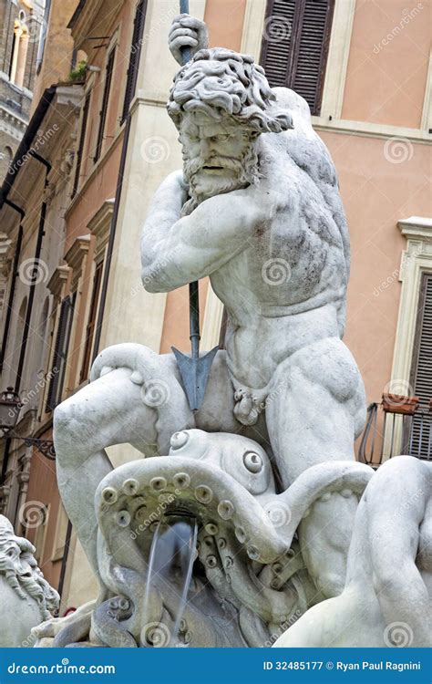 Detail Of Poseidon Statue And Fountain Piazza Navona Rome Italy