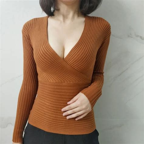 Womens Sweater 2018 Autumn Winter High Elasticity Fashion Sexy V Neck