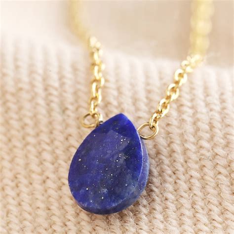 Semi Precious Lapis Lazuli Stone Teardrop Pendant Necklace In Gold