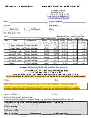 Fillable Online Bridgeville Borough Shelter Rental Application Fax