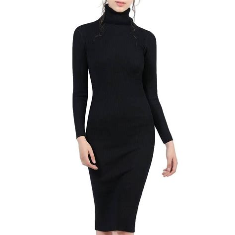 Elastic Turtleneck Long Sleeve Sweater Knitted Dress