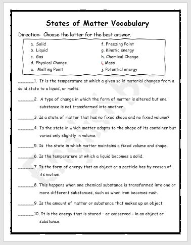 States of Matter Vocabulary Worksheet - EnglishBix