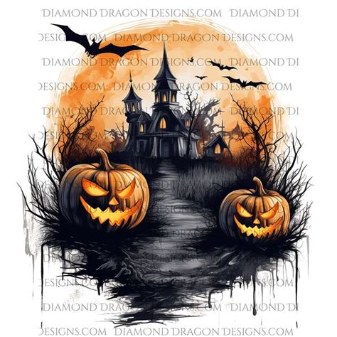 halloween pumpkins in front of a castle with bats on it and the moon ...