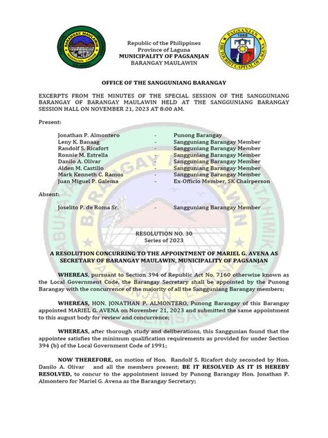 Resolution On The Appointment Of Barangay Secretary Pdf Philippines