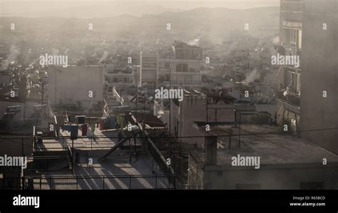 City Smog Lot Of Smoke Above The City Many Houses Which Produce