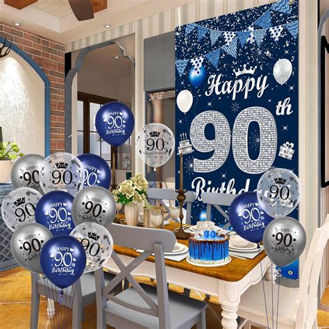 90th Birthday Decorations For Men Navy Blue Silver Happy 90th Birthday