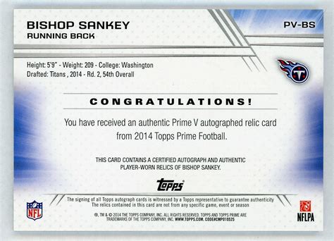 Bishop Sankey Topps Prime Auto Rookie Patch Relic Level Titans