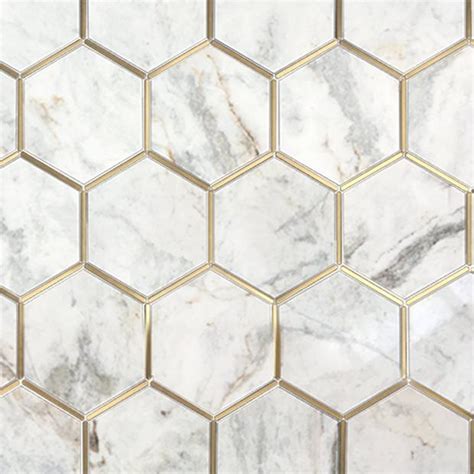 Bianco Orion Brass In Hexagon Polished Marble Mosaic Floor Decor