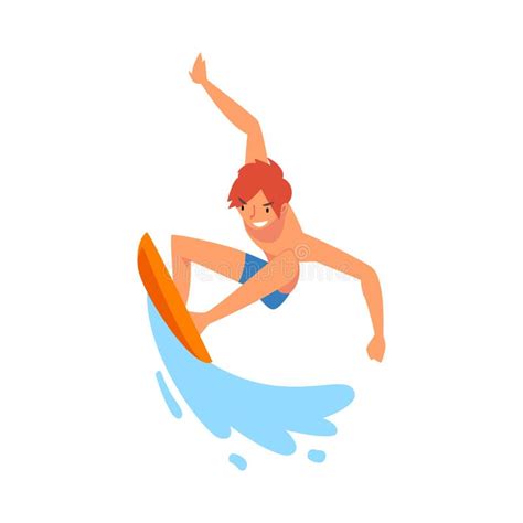 Male Surfer Character Riding On Ocean Wave With Surfboard Recreational