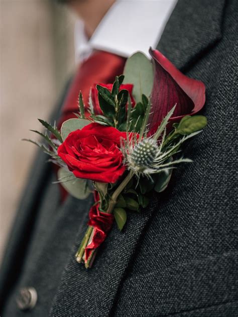 Deep Red Rose And Thistle Buttonhole Romantic Wedding Flowers Velvet