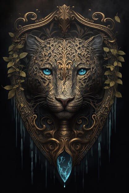 Premium AI Image | a leopard with piercing blue eyes and a shield on ...