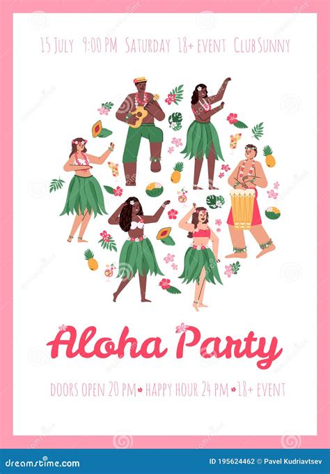 Poster For Aloha Party With Hawaiian Hula Dancers Cartoon Vector