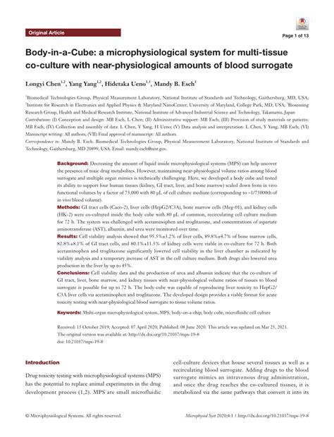 Pdf Body In A Cube A Microphysiological System For Multi Tissue Co