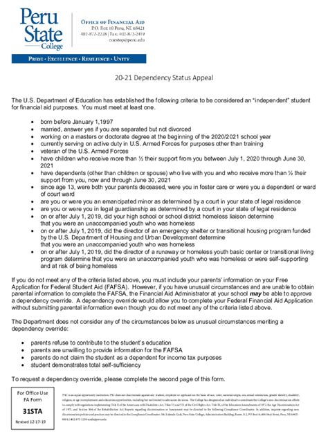 Fillable Online 20 21 Dependency Status Appeal Financial Aid Form Fax