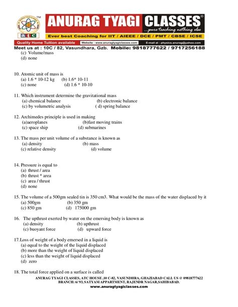 Mcq For Cbse Class Ix Science By Anurag Tyagi Classes Atc