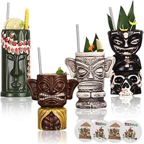 Ceramic Tiki Mugs Set Of 4 Tiki Glasses Exotic Cocktail Glasses Hawaiian Party