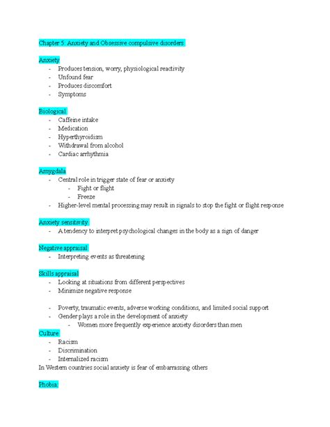 Chapter 5 - Abnormal psychology - Chapter 5: Anxiety and Obsessive