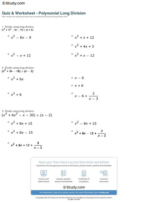 Polynomial Long Division Worksheet Doc | Long Division Worksheets