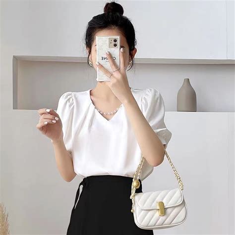 Short Sleeve White Formal Blouse For Women Plus Size V Neck Chiffon Loose Puff Sleeve Pullover