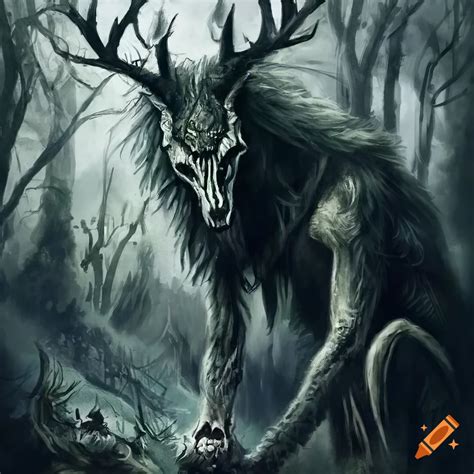 Surreal Illustration Of A Creepy Wendigo With A Wolf Skull Face And