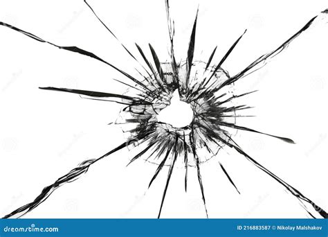 The Effect Of Cracks On Broken Glass From A Shot Of A Weapon A Hole In The Glass Of The Bullet