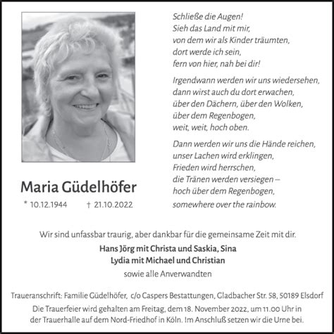 Traueranzeigen von Maria Güdelhöfer WirTrauern