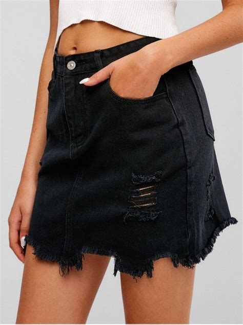 36 OFF 2021 Ripped Zipper Fly Denim Skirt In BLACK ZAFUL