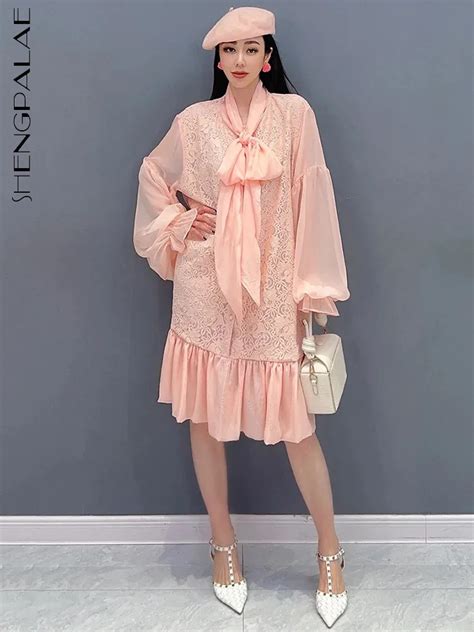 SHENGPALAE Scarf Collar Chiffon Dress For Women Lace Spliced Lantern