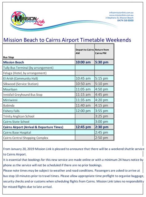 Weekend Airport Bus Timetable - Mission Link Bus Services