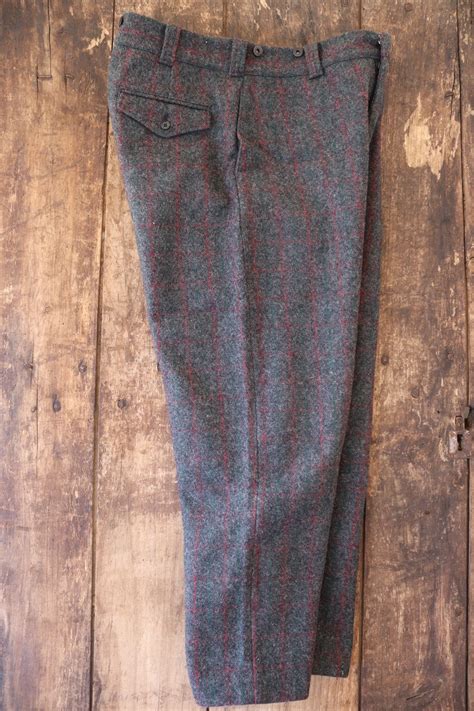 Vintage Woolrich Grey Red Green Checked Plaid Wool Hunting Trousers Pants Suspender Buttons 35 X 28