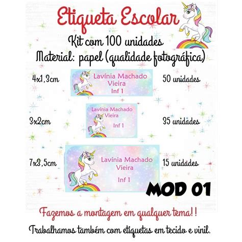 Etiqueta Escolar UNICORNIO Kit 100 Unidades Em 3 Tamanhos