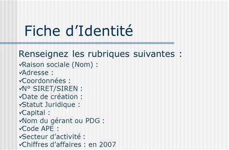 La fiche didentité pour entreprise